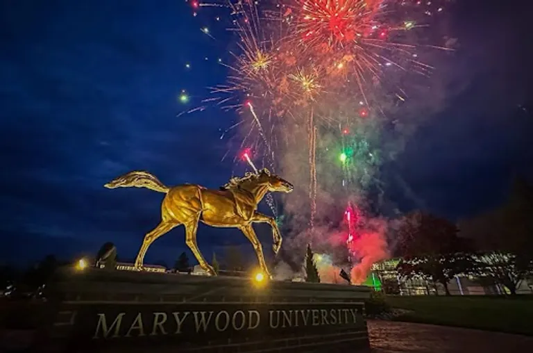 Brass statue of a horse against an evening sky and fireworks exploding in the background