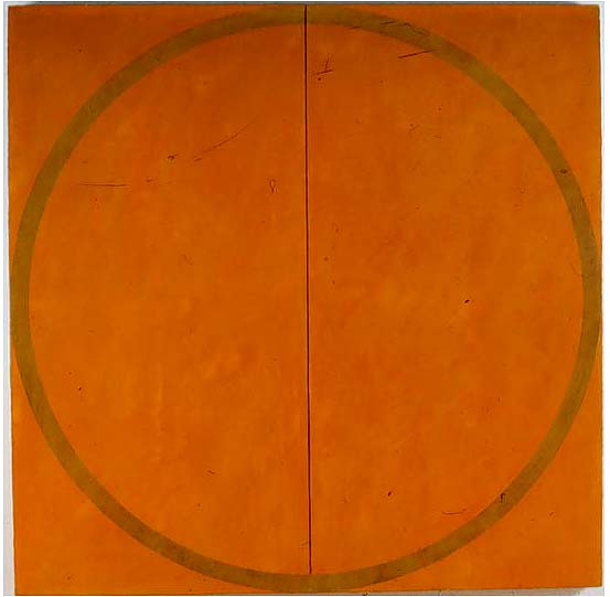 burnt orange background with a circle and line down the middle