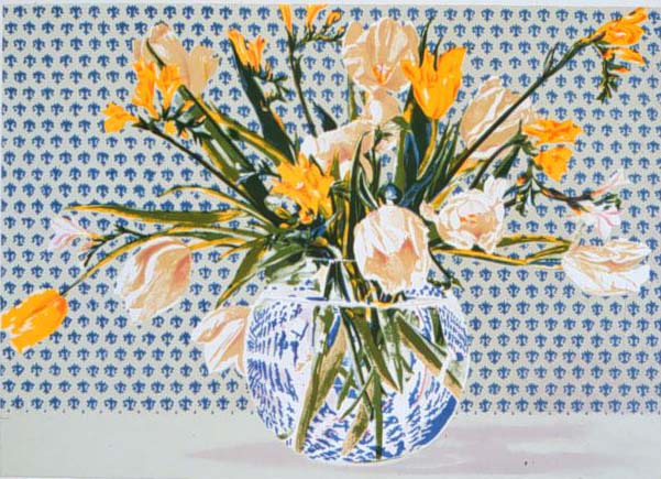 painting of yellow and white folowers in a round fishbowl vase in front of blue polka dot wallpaper