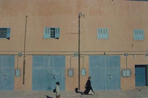 picture of a brown building with gray doors and windows and two people walking by