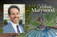 Man wearing a light blue coat, white shirt, and dark blue tie over an illustrated backdrop of the Marywood Rotunda and the Celebrate Marywood logo. Trustee Michael Bugno '98 Chairing 