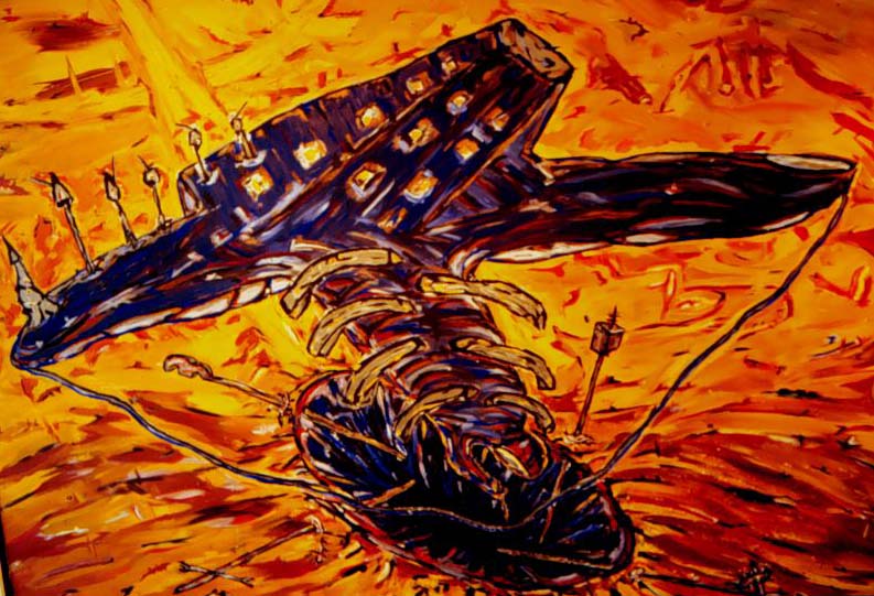 bright orange and red background with purple figure in the middle