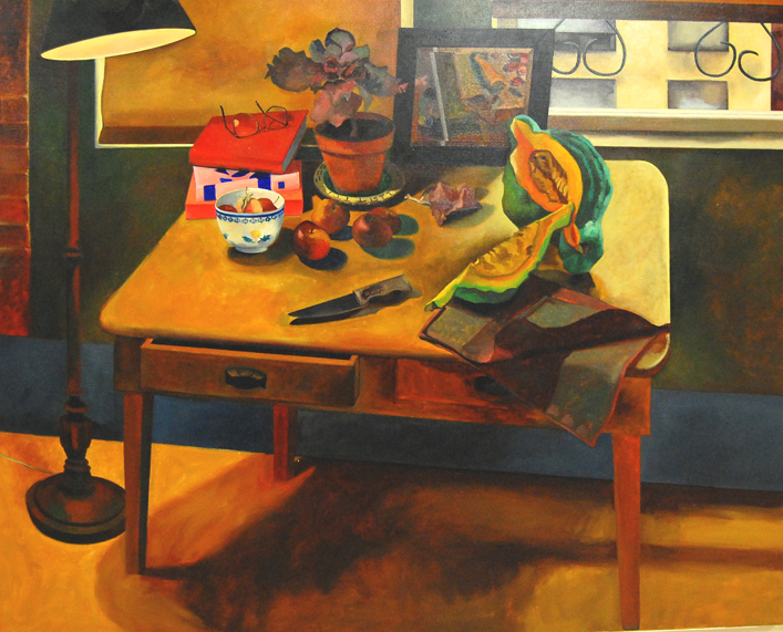 painting of table with potted plants and other items on it