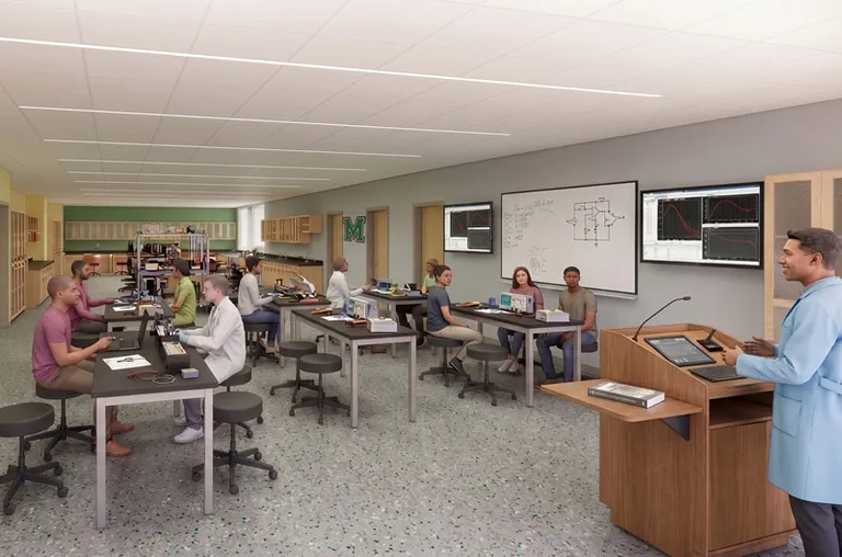 an architectural rendering of a physics science lab with students sitting at tables and a professor teaching from the podium